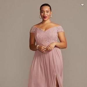 Beloved Off-the-Shoulder Lace and Mesh Bridesmaid Dress in Cameo